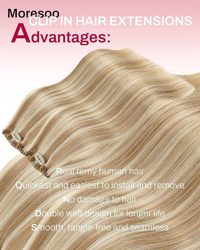 Moresoo Clip in Hair Extensions Real Human Hair Blonde with Brown Highlights Clip ins Human Hair Platinum Blonde with Medium Brown for Long And Straight 120g/7cps 22 inch
