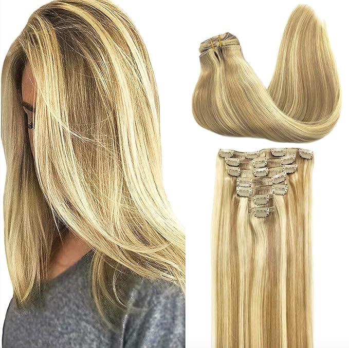 GOO GOO Clip in Hair Extensions Real Human Hair, Remy Human Hair Extensions Clip ins for Women, Natural Human Hair, 26inch 180g 7Pcs, #16/22 Light Blonde Highlighted Golden Blonde
