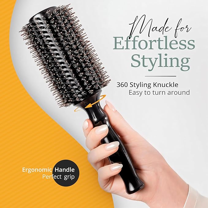 Boar Bristle Round Brush for Blow Out Set by Belula. Round Hair Brush For Blow Drying. Medium 2.4” Wooden Barrel. Hairbrush Ideal to Add Volume and Body. Free 3 x Hair Clips & Travel Bag