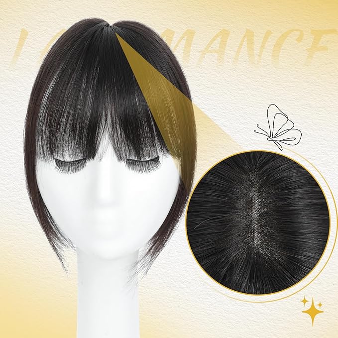 Hair Toppers for Women Real Human Hair Toppers for Women with Bangs 100% Real Human Bangs 10 inch Swiss Base Hairpieces for Thinning Hair（Natural Black）