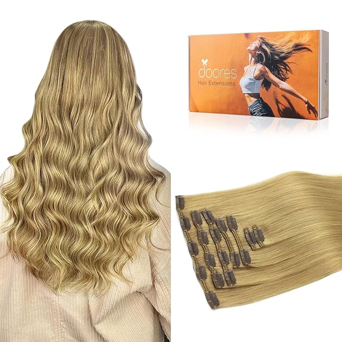 DOORES Clip in Hair Extensions Real Human Hair, Dirty Blonde 14 Inch 7pcs 100g, Remy Clip ins Extensions Thick Silky Straight Weft