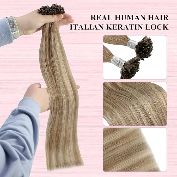 YoungSee Utip Hair Extensions Human Hair Balayage Light Brown Ombre Platinum Blonde U Tip Keratin Hair Extensions for Natural Looking Ktips Extension Real Human Hair Ombre Silky Straight 16In 1G/S 50G