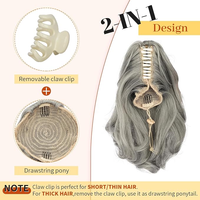 KooKaStyle Ponytail Extension, 10" Short Claw Clip in Pony Tails Hair Extensions Curly Wavy Synthetic Drawstring Hairpieces for Women(Smokey Silver)
