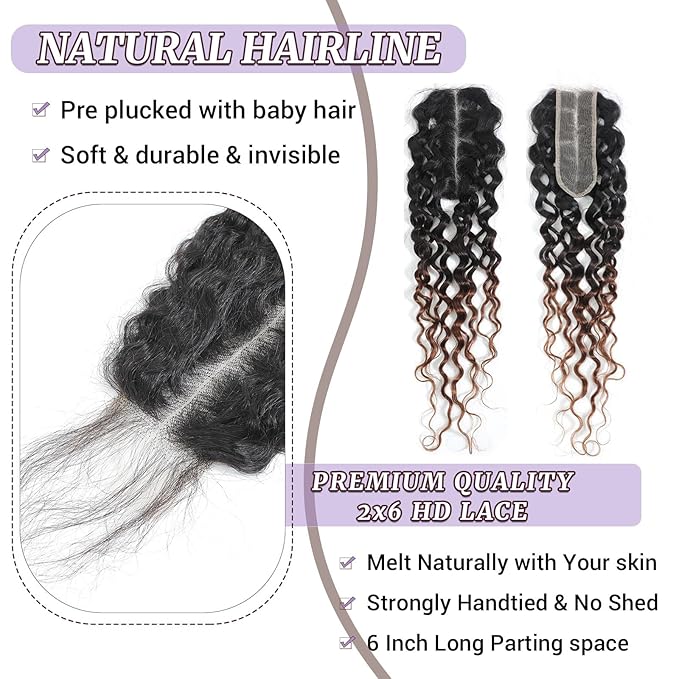 T1B/2/30 Ombre Water Wave 2x6 Lace Closure 100% Real Human Hair 14 Inch Chestnut Brown Ombre Water Wave Transparent Lace Closure