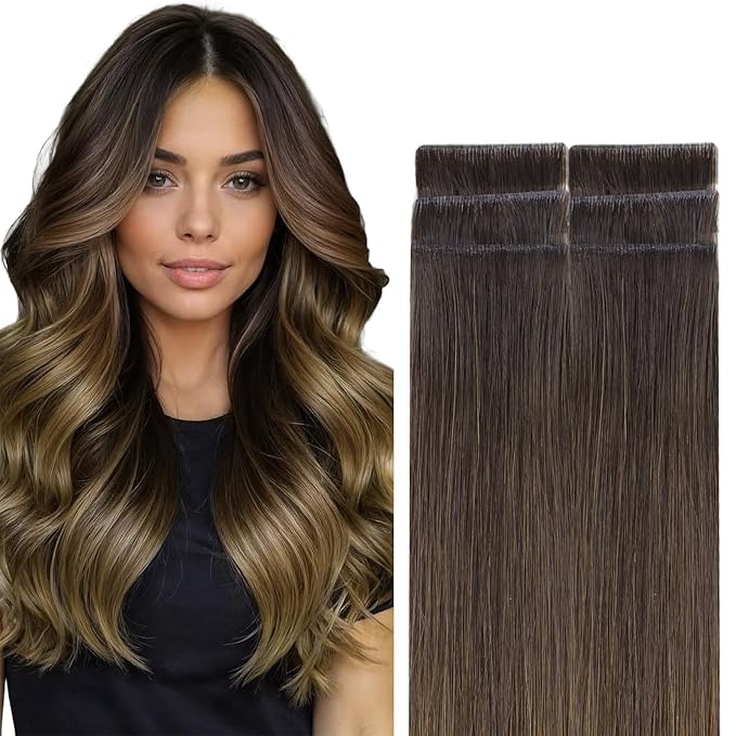 GOO GOO Invisi Edge Tape in Hair Extensions Human Hair, 1D/2C/4E Chocolate Dip Color Melt, 6pcs 16inch 15g, Virgin Remy Hair, Seamless Injected Tape, Natural Look