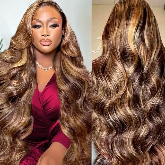 30 Inch Highlight Body Wave Lace Front Wigs Human Hair Honey Blond Ombre Wigs 220 Density Body Wave Wig Pre Plucked 13x6 Hd Lace Front Wigs Human Hair P4/27 Colored for Women