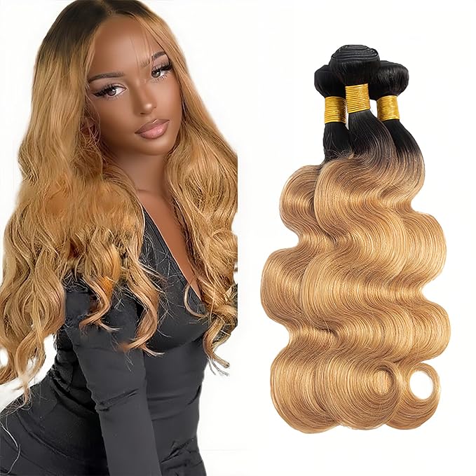 1b/27 Human Hair Bundles Ombre Blonde Body Wave Bundle Brazilian Virgin Remy Hair 3 Bundles 14 16 18 Inch 2 Tone Honey Blonde and Black Bundle Double Weft Hair Weave 150g