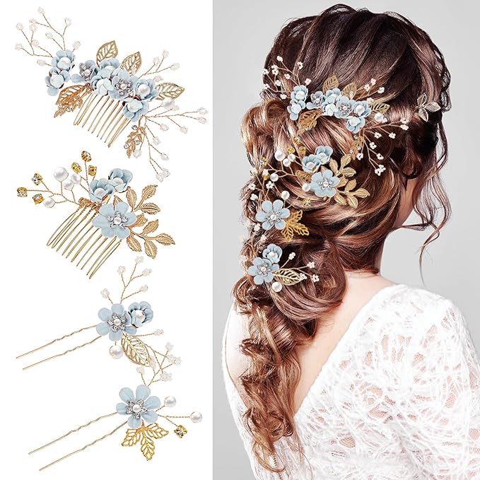 Wedding Flower Hair Accessories for Women: 4pcs Leaf and Flower Hair Combs for Women Accessories - Crystal Pearl Wedding Flower Clips Headpiece for Brides Bridesmaids Girls Updo (Blue)