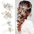 Wedding Flower Hair Accessories for Women: 4pcs Leaf and Flower Hair Combs for Women Accessories - Crystal Pearl Wedding Flower Clips Headpiece for Brides Bridesmaids Girls Updo (Blue)