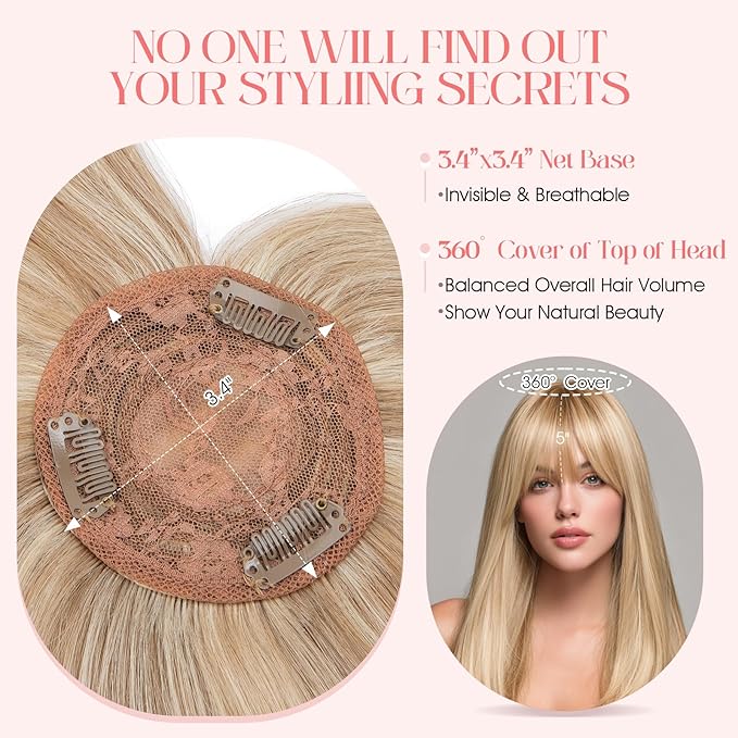 Hairro Mono Hair Toppers with Bangs, 3.4" x 3.4" Mono Base 100% Real Human Hairpieces for Women, 150% Density Clips In Topper for Greyish Thinning Hair, 12 Inch Golden Brown Mix Bleach Blonde