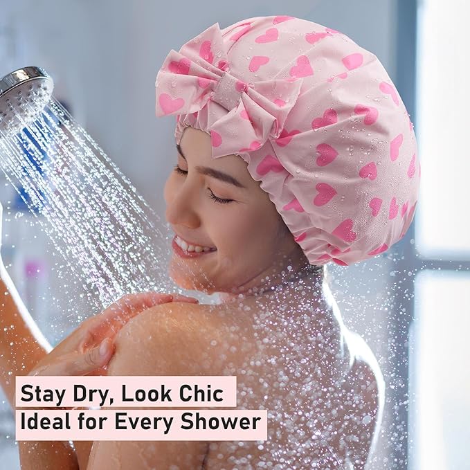 LitBear Luxury Silk Lined Shower Caps for Women Reusable Waterproof, Double Layered Large Bathing Hair Cap with Adjustable Elastic Strap, Non-slip, Quick-dry, for Long Short Hair, Pink Heart
