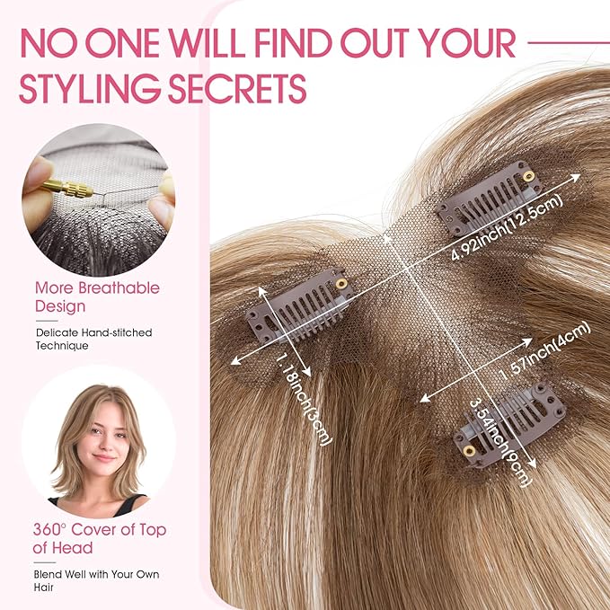 Hairro Human Hair Toppers with Side Bangs, 3D 360° Seamless Real Hair Toppers, Hand-Tied with 3.5"x4.7" T-shaped Base, Clip-In Hairpieces to Add Volume on Top, 11 Inch Medium Brown Mix Dark Blonde