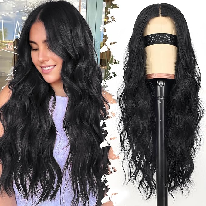 Black Wig for Women Long Wavy 4x1 Lace Natural Hairline Glueless for Beginners Middle Part Synthetic for Daily Party Use 26Inch