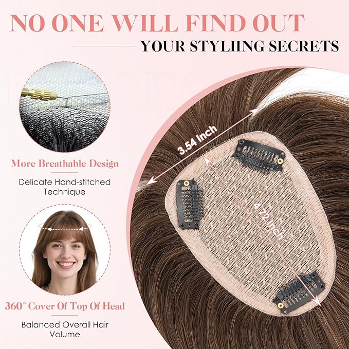Hairro Human Hair Toppers with Wispy Bangs, 3.5x4.7" Hand-wovened Base for Women with Thinning Hair, Lightweight & Breathable Realistic Scalp, Clip-in Hairpieces for Easy Wear, 14 Inch Dark Brown