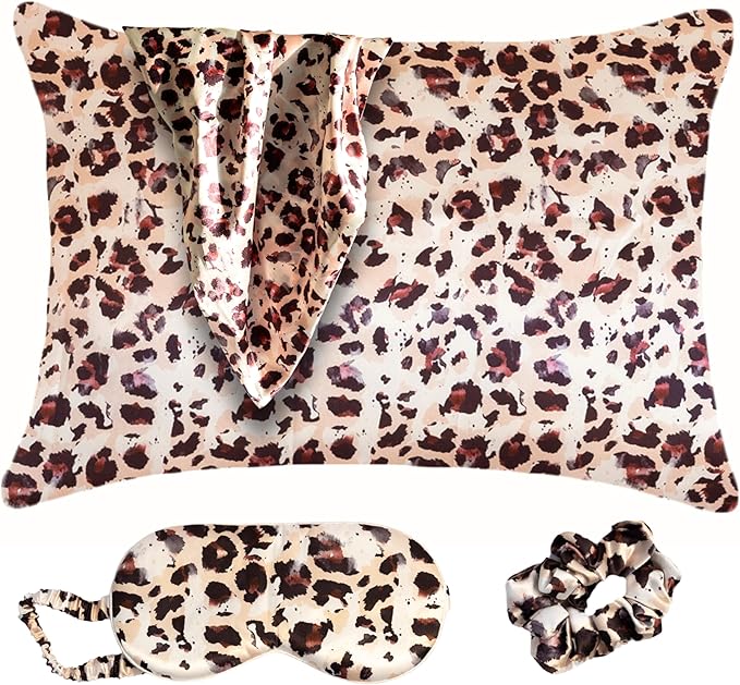 Satin Pillowcase Gift Set for Women – Brown Leopard, Silky Soft, Reduces Frizz | Includes Satin Eye Mask & Scrunchie | for Curly Hair, Sensitive Skin | Perfect