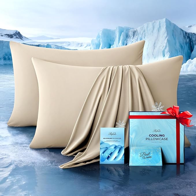 Ultra-Chill Cooling Pillowcase Set of 2 for Hot Sleepers, Softer Than Silk Pillow Cases for Protecting Hair & Skin, Breathable Bed Pillow Covers w/Zipper, Gifts for Women & Men(Beige, King)