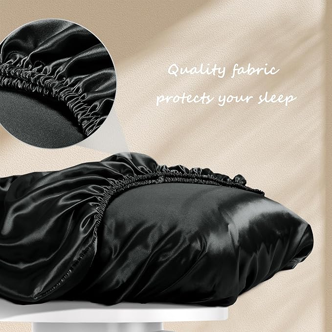 Manyshofu Satin Pillowcases for Hair Protection - 1Pcs Black Pillow Cases, Elastic Band Standard & Queen Satin Pillowcases Luxury Silky Pillow Cases Travel Pillow Covers