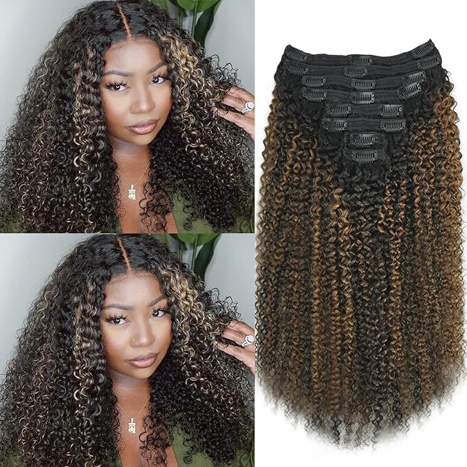 3c 4a Curly Clip in Hair Extensions T1BP1B/30 Omber Kinky Curly Clip ins For Women Brazilian Virgin Clip on Hair (16inch,T1BP1B/30)