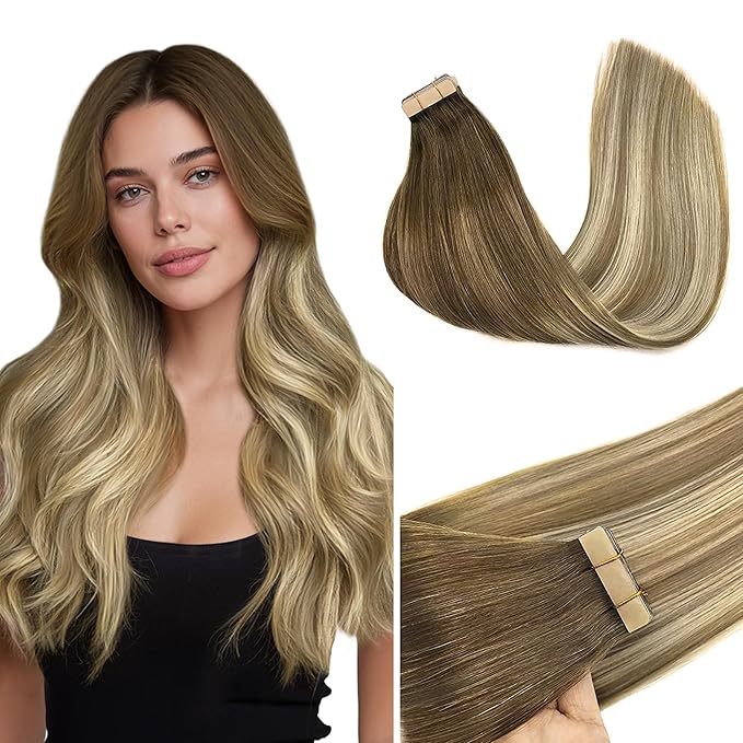 GOO GOO Tape in Hair Extensions Human Hair, 3/8/613 Walnut Brown to Ash Brown and Bleach Blonde, 26inch 60g 20pcs, Skin Weft Seamless Invisible, Silky Straight with Thick Ends, Remy Human Hair