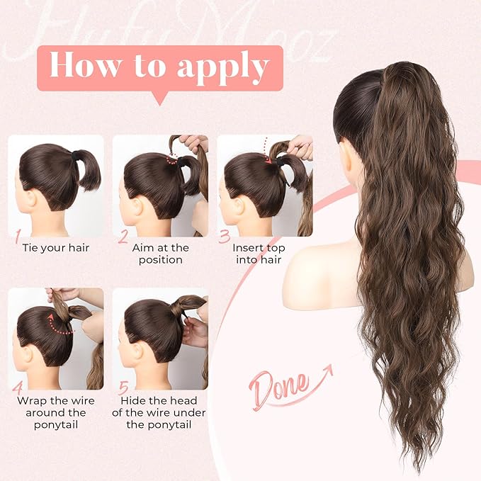 Flufymooz Ponytail Extension, Flexible Wrap Around Ponytail Extension Long Wavy Curly Ponytail Hair Extensions Natural pony tail Synthetic Hairpiece for Women 32 Inch (Chocolate Brown to Light Brown)