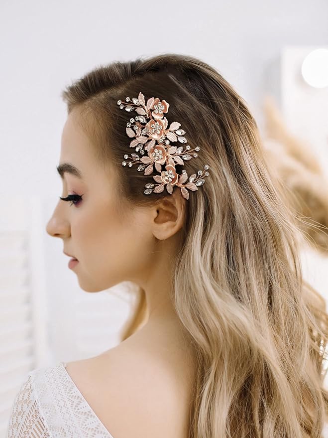 SWEETV Metal Hair Comb, Rhinestone Bridal Hair Clip - Handmade Wedding Hair Accessories for Brides and Bridesmaid, Rose Gold