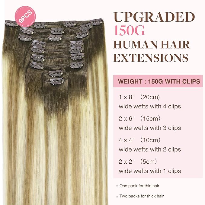 GOO GOO Clip in Hair Extensions Real Human Hair, Remy Human Hair Extensions Clip ins for Women, Natural Human Hair, 20inch 150g 9Pcs, 5A/90/16F Bahamian Balayage