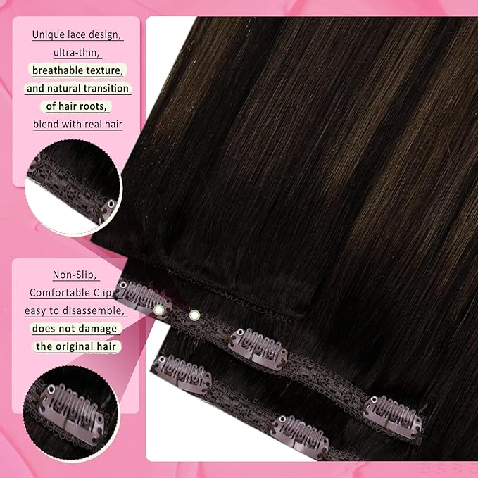 YoungSee Balayage Clip in Hair Extensions Dark Brown Real Hair Extensions Clip in Human Hair Dark Roots to Medium Brown Balayage Human Hair Extension Clip ins for Thin Hair 20In 120G