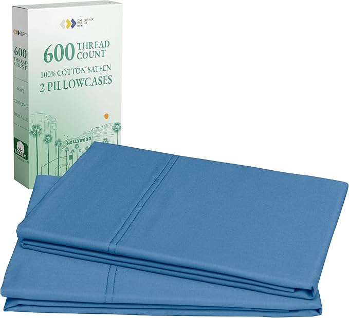 California Design Den Pillow Cases Queen/Standard Set of 2-600 Thread Count Sateen, Natural 100% Cotton Pillow Case Pair, Crisp, Durable Bedding - Parisian Blue