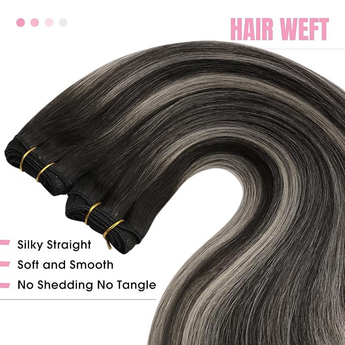 YoungSee Weft Hair Extensions Black Silver Sew in Hair Extensions Real Human Hair Balayage Black Grey One Piece Hair Extension Sew in 100g 20inch