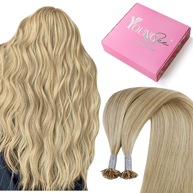 YoungSee K Tip Hair Extensions Human Hair Blonde Highlight Ktip Human Hair Extensions Golden Blonde Highlight Long Hair 22in 50s/50g