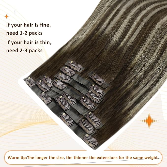 Full Shine Real Hair Extensions Clip in Human Hair Dark Brown to Platinum Blonde Seamless Clip ins Human Hair for Short Hair Washability 12 Inch 8 PCS 95 G