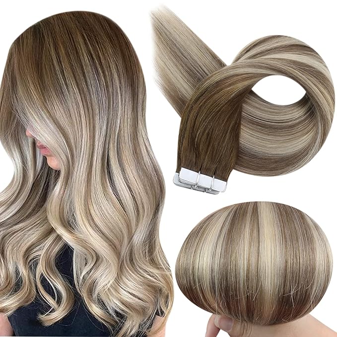 Full Shine Tape in Extensions Human Hair 12 Inch Balayage Color 3/8/22 Dark Brown Fading to Brown and Blonde Invisible Seamless Skin Weft Remy Hair Extensions Real Human Hair Tape in 20PCS 30 Grams