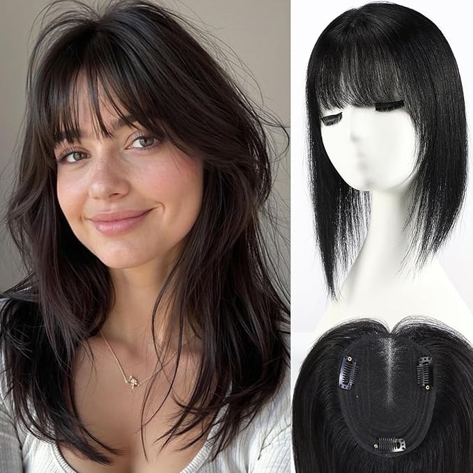 starluck Human Hair Toppers for Women with Thinning Hair, 14 Inch Real Hair Topper, 4.6x4 Inch SilkHug Swiss Lace Base Hairpiece, With Bangs (Black)