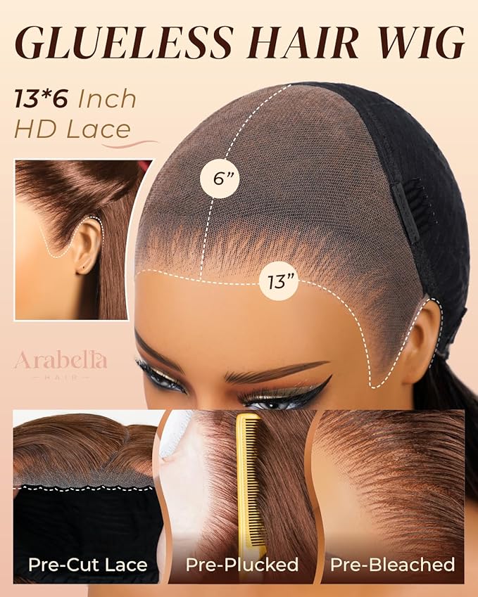 Arabella 13x6 Chocolate Brown Glueless Wigs Human Hair Pre Plucked Pre Cut 13x6 Ear to Ear Full HD Lace Front Wigs Human Hair 210% Density 4# Brown Straight Wig Drawstring Wig Human Hair 20 Inch