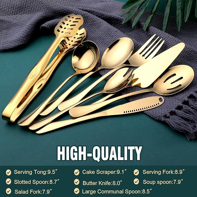 Gold Serving Utensils, OGORI 8-Piece Polished Stainless Steel Flatware Silverware Set Include Serving Spoon, Slotted Spoon, Cake Server, Soup Ladle, Fork, Salad Fork, Butter Knife, Serving Tong