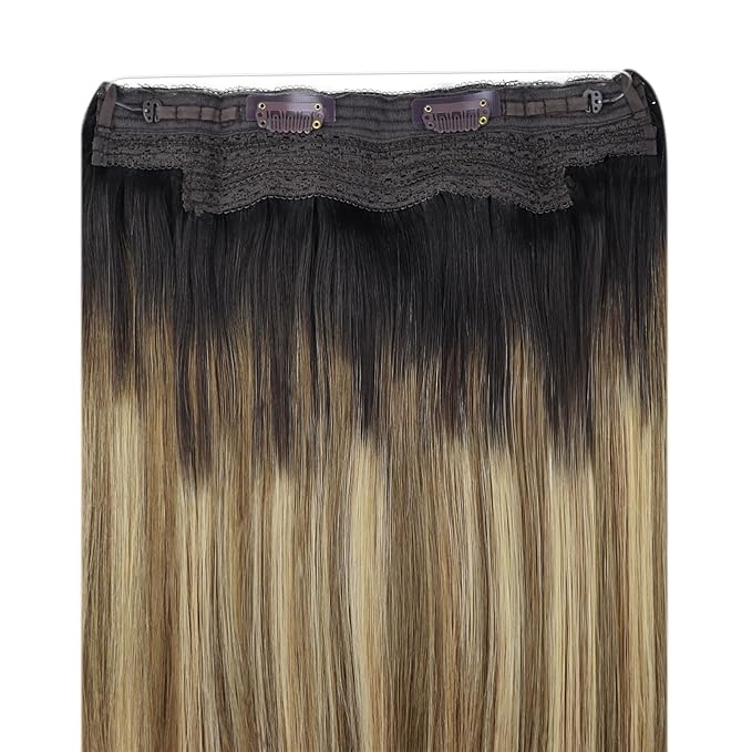 YoungSee 120G Wire Hair Extensions Real Human Hair Ombre Invisible Wire Hair Extensions Dark Brown Roots to Brown with Blonde Fish Line Hair Extension Human Hair Easy to Wear 16Inch