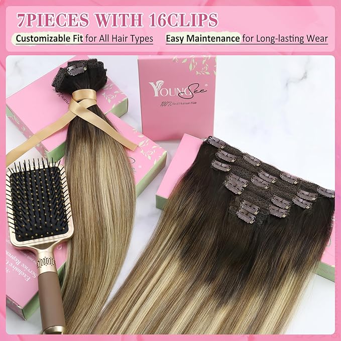 YoungSee Clip in Human Hair Extensions Brown Balayage Clip ins Real Hair Extension Darkest Roots to Medium Brown with Blonde Balayage Real Human Hair Extensions Clip ins for Women 12Inch 85G 7Pcs