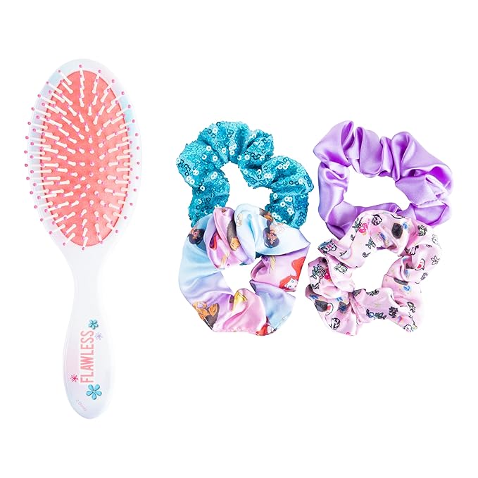 LUV HER Disney Princess Hair Accessory 5 Pcs Set - 1 Large Hairbrush + 4 Scrunchies - Accessories For Girls - Detangling Brush - scrunchies 3 +