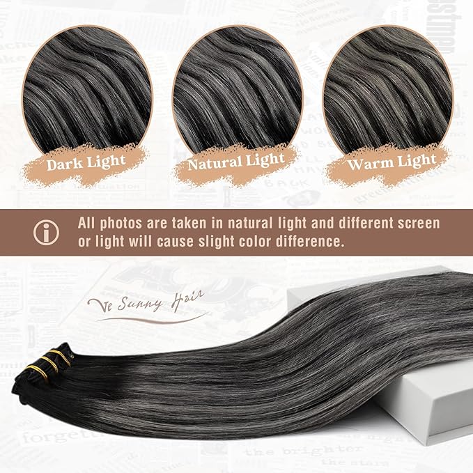 Ve Sunny Clip in Hair Extensions Real Human Hair Black Real Hair Extensions Clip ins Human Hair Grey Silver Clip in Extensions Real Human Hair Comfortable 7pcs 120g 22inch