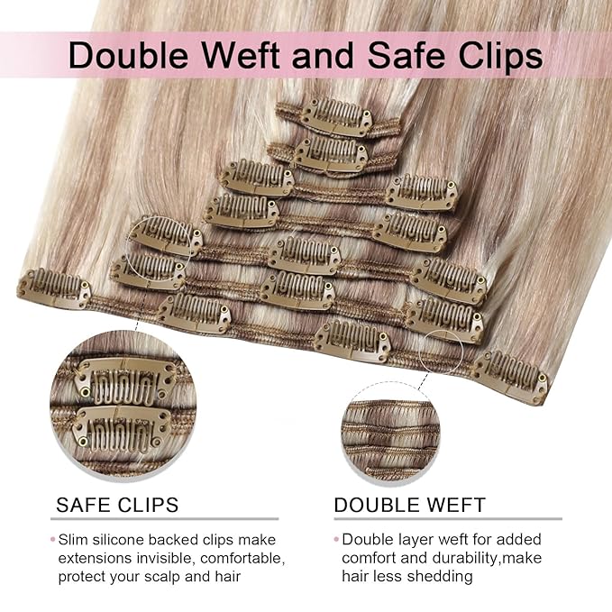 Pro2.0 Real Human Hair Extensions Clip ins 120g Thick 7pcs #18/22/60 Balayage Ash Blonde to Golden Blonde and Platinum Blonde Clip in Hair Extensions Real Human Hair 16inch（#18/22/60-16inch）