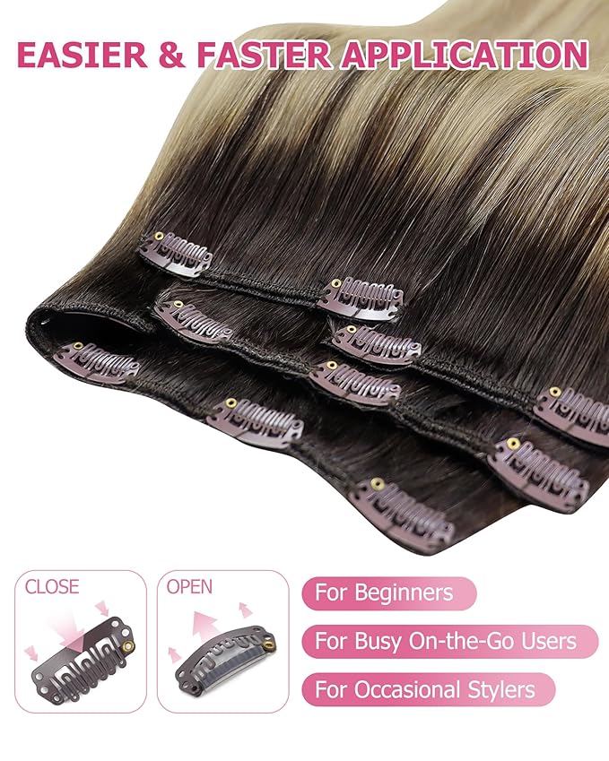 YoungSee Hair Extensions Clip ins Brown Ombre Clip in Hair Extensions Real Human Hair Medium Brown Ombre Golden Blonde Mix Platinum Blonde Clip in Extensions Straight Hair for Women 16Inch 120G