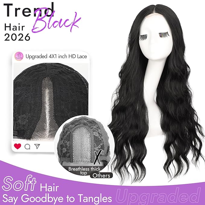 Black Wig for Women Long Wavy 4x1 Lace Natural Hairline Glueless for Beginners Middle Part Synthetic for Daily Party Use 30Inch