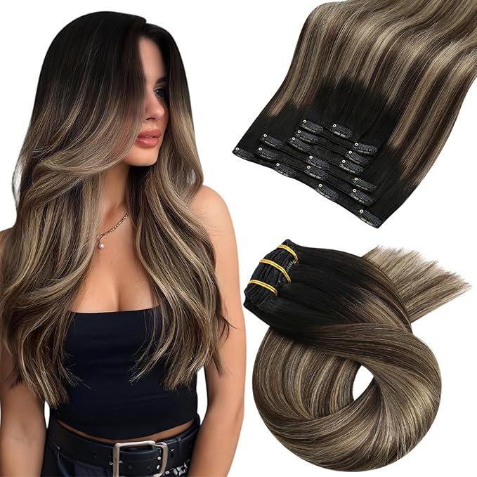 Moresoo Clip in Hair Extensions Remy Double Weft Human Hair Clip in Extensions Balayage Straight Hair Extensions for Women Ombre Black to Brown with Dark Blonde 7pcs 120g 16inch