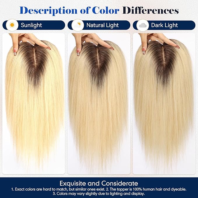 HAIRCUBE Hair Toppers For Women With Thinning 5"*5" Large Base Real Hair Toppers For Women, 14 Inch For Hand-Woven, 60g, Silk, Natural, realistic, Use Daily, Hairloss, Ombre Light Blonde, No Bangs