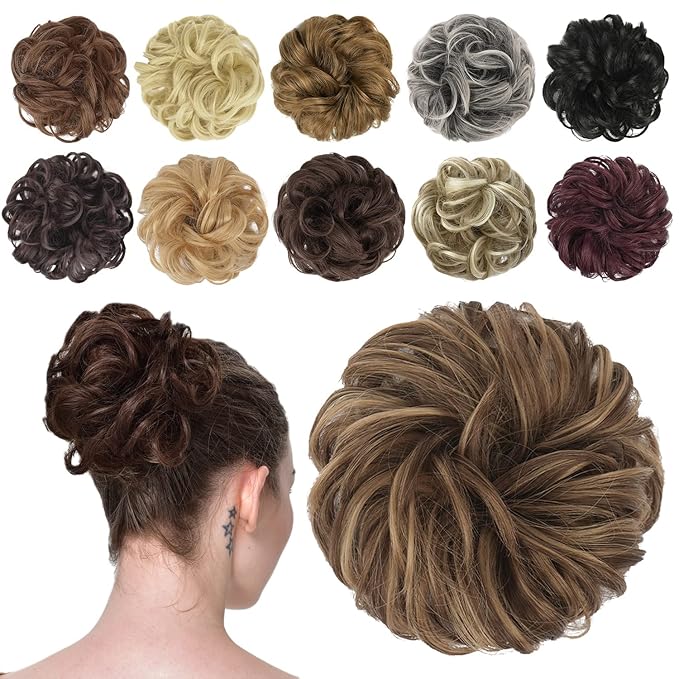 FESHFEN Messy Bun Hair Piece - Elastic Wavy Curly Hair Bun Scrunchies Extensions Synthetic Chignon Hairpieces for Women Girls, Brown Mixed Honey Blonde 1.5 oz