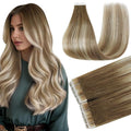 Full Shine Human Hair Tape in Extensions Color 3 Dark Brown Ombre 8 Ash Brown And 22 Blonde 24Inch Long Lasting Adhesive Tape in Hair Extensions 50G 20Pcs Seamless Skin Weft Brazilian Natural