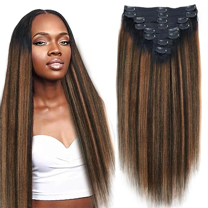 Yaki Straight Clip ins Real Human Hair Extensions For Women Highlight Hair Extensions Yaki Straight Clip in Hair Extensions(26inch,T1BP1B/30)