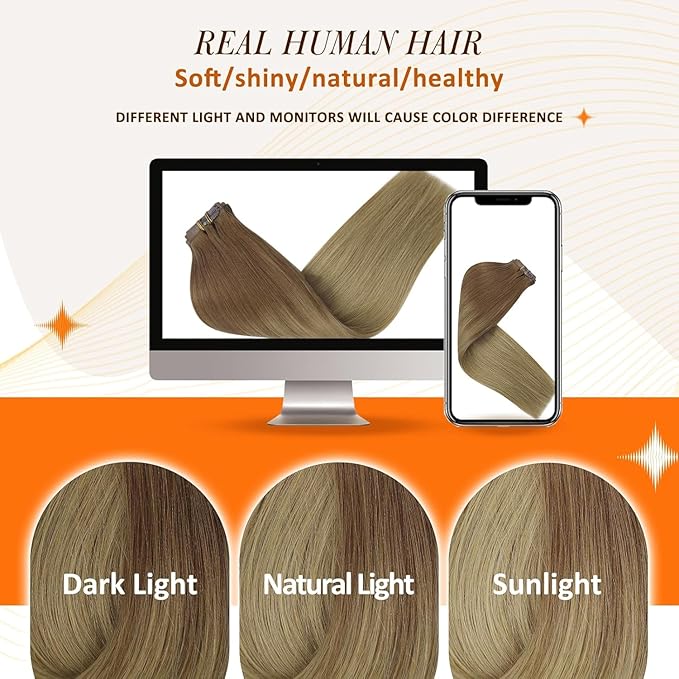 Full Shine Seamless Clip in Hair Extensions Human Hair Ombre Light Brown to Blonde Invisible Hair Extensions Skin Weft Ease of Use 14 Inch 8 PCS 120 Grams