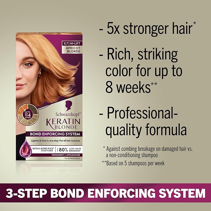 Schwarzkopf Keratin Blonde Hair Dye, 11.7 High Lift Apricot Blonde, Professional Quality Permanent Hair Color, Bond Enforcing System, Pre-Color Serum & Conditioner Included