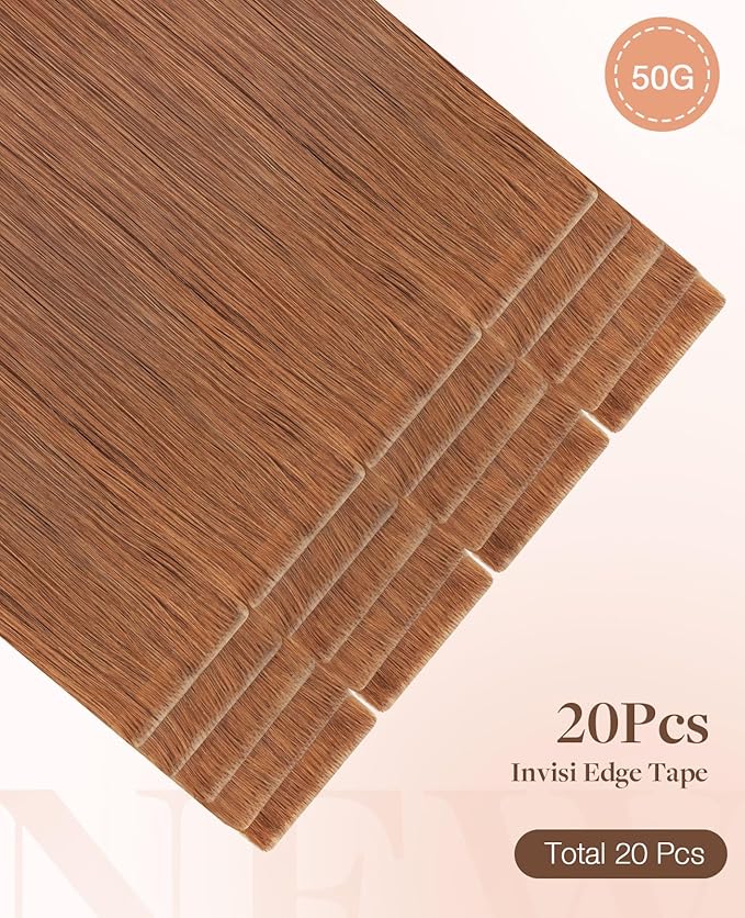 GOO GOO Invisi Edge Tape in Hair Extensions Human Hair, 330 Cinnamon Terra Copper, 20pcs 22inch 50g, Virgin Remy Hair, Seamless Injected Tape, Natural Look
